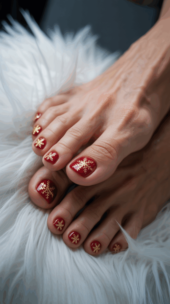 Close-up of feet with toenails painted in red with golden snowflake designs, resting on a fluffy white surface.