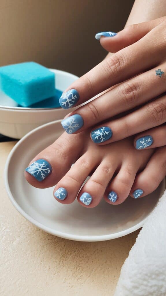 A close-up of hands and feet with nails painted in blue, featuring white snowflake designs. A small blue star tattoo is visible on one finger. The nails are placed over a white dish with a blue sponge in the background.