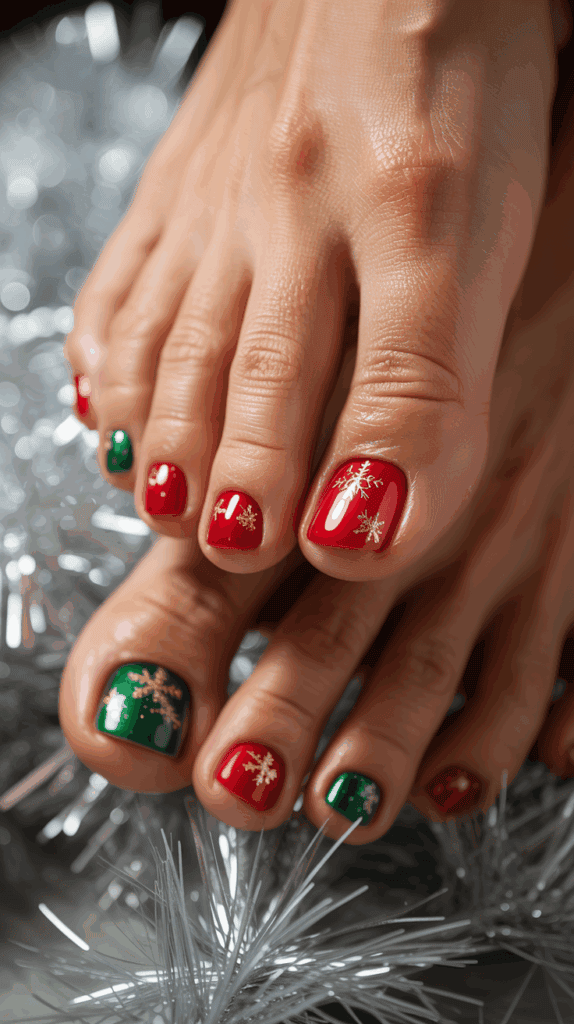Close-up of toenails painted in red and green, adorned with gold snowflake designs, set against a silver tinsel background.
