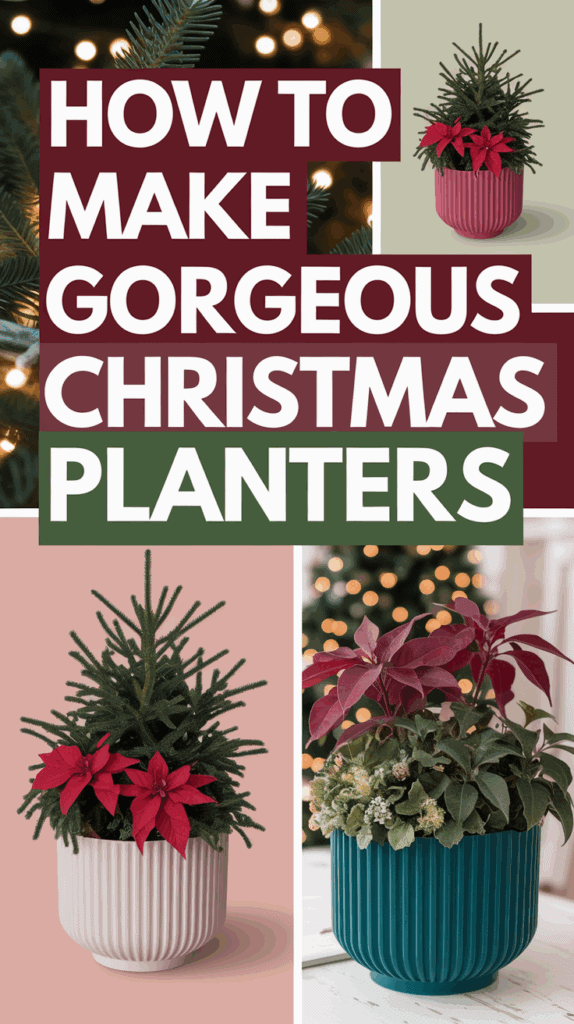 A collage showing text 'How to Make Gorgeous Christmas Planters' at the top, with three images of festive planters. The first planter features a small pine tree with red poinsettia flowers. The second planter includes red foliage and green plants in a teal pot. The background is festive with holiday lights.