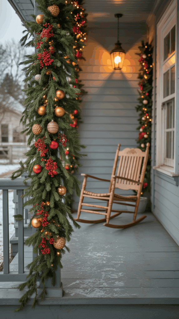 A porch decorated with festive Christmas garland featuring red berries and gold ornaments, with a wooden rocking chair and a lit lantern overhead.
