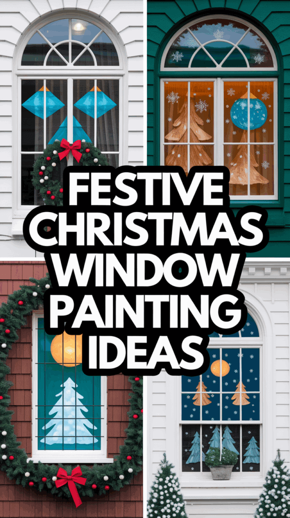 A collage of windows with festive Christmas paintings and wreaths. The windows feature holiday-themed designs such as trees, geometric shapes, and snowflakes, accompanied by wreaths decorated with red bows and ornaments. The images are overlaid with bold text reading 'Festive Christmas Window Painting Ideas.'