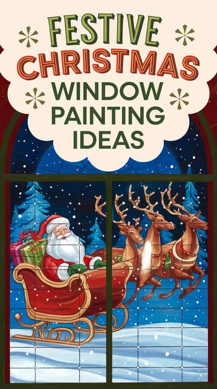 Illustration of a festive Christmas scene featuring Santa Claus in a sleigh pulled by reindeer, set against a snowy landscape, with the text 'Festive Christmas Window Painting Ideas' at the top.