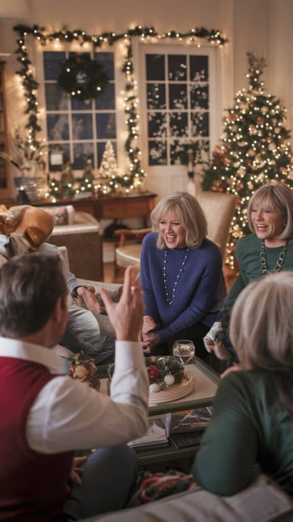 A group of people sitting in a cozy, festively decorated living room, engaged in conversation and laughter. Christmas lights and garlands decorate the room, along with a Christmas tree in the background. A man gestures animatedly, while two women, one wearing a blue sweater and the other a green sweater, smile and laugh.
