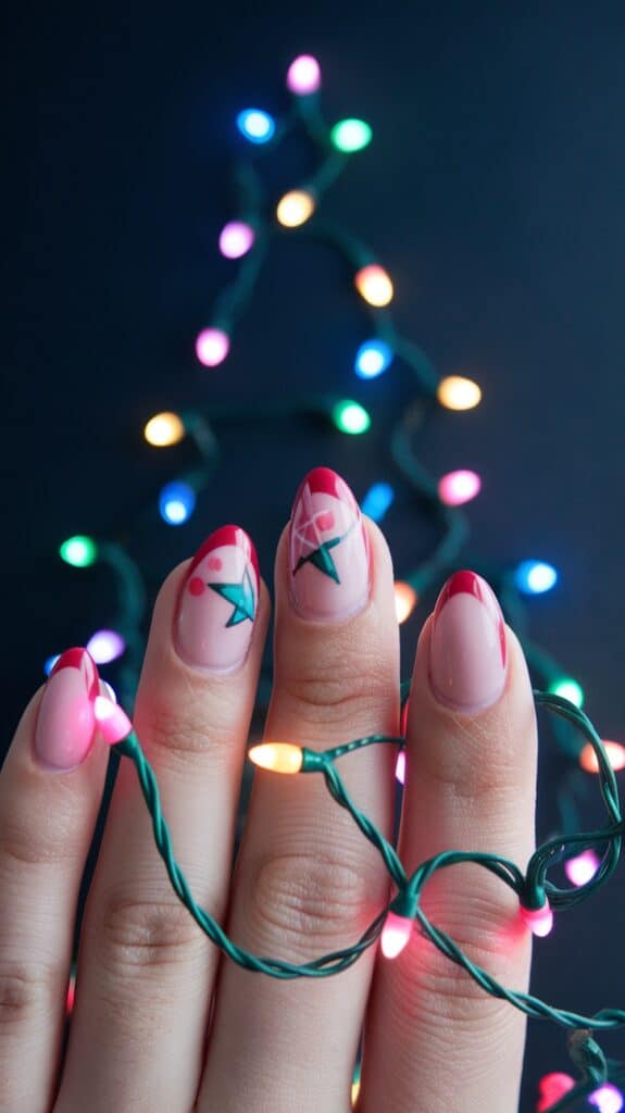 A hand with neatly manicured nails featuring red tips and star designs, wrapped in colorful Christmas lights.