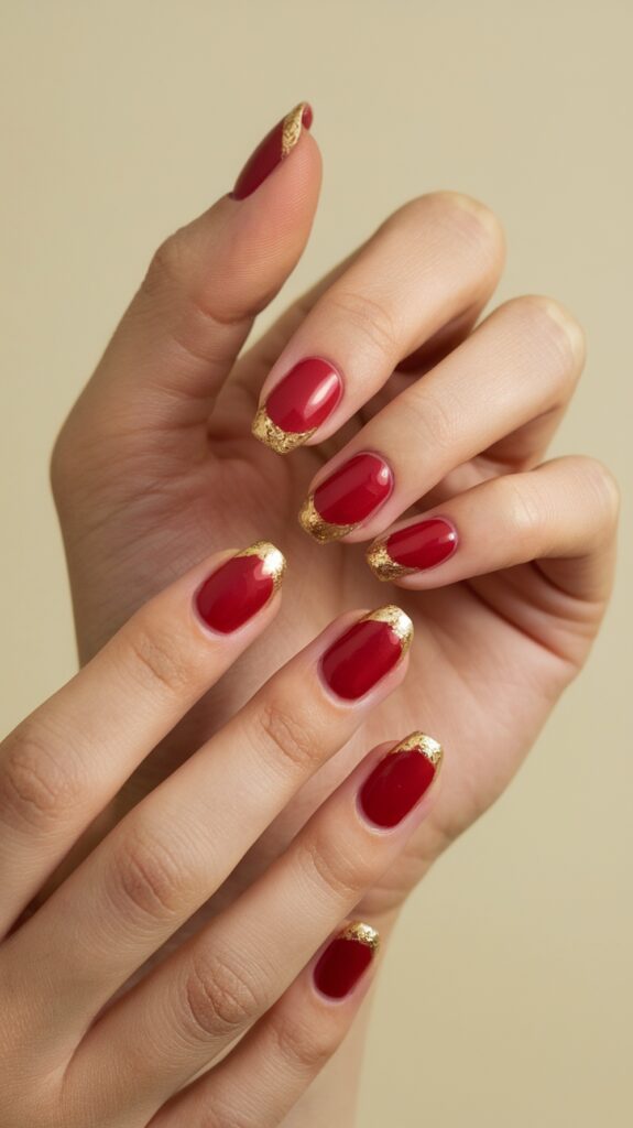 Close-up of hands with manicured nails painted in red, featuring gold highlights along the tips.