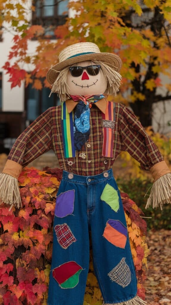 A colorful scarecrow wearing sunglasses, a plaid shirt, and patched jeans stands amidst vibrant autumn leaves.