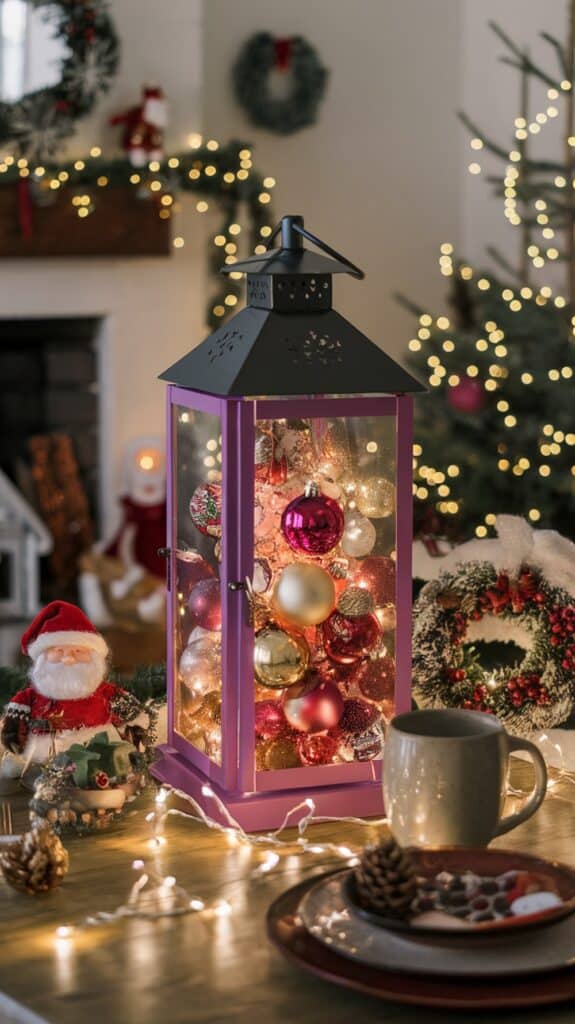 A festive scene with a purple lantern filled with colorful Christmas baubles and lights on a table, surrounded by a small Santa figurine, a mug, and a plate. In the background, a decorated Christmas tree, wreaths, and string lights add to the holiday decor.