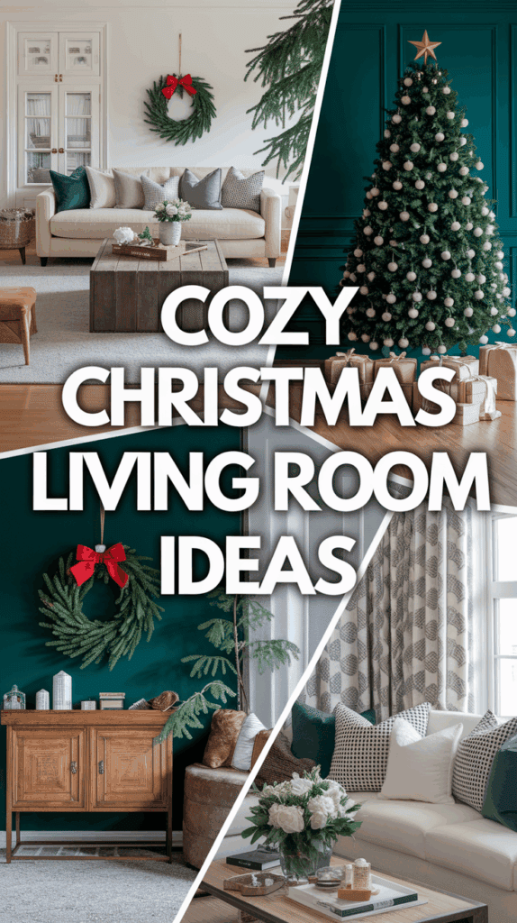 Collage of cozy Christmas living room ideas featuring decorated interiors with Christmas trees, wreaths, and festive decor.