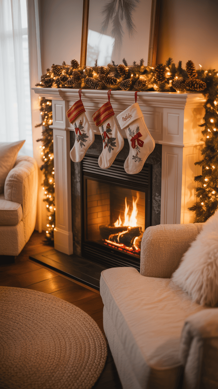 A cozy living room with a fireplace decorated for Christmas, featuring stockings hanging over the mantel, garland with lights and pine cones, and comfortable armchairs around the hearth.