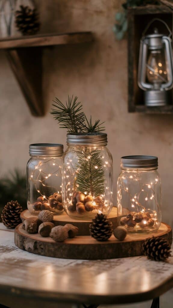 Three mason jars on a wooden tray, each decorated with pine branches, acorns, and string lights, surrounded by pine cones.