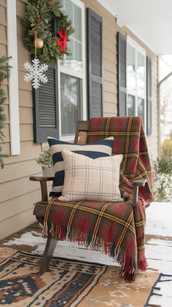A porch decorated for the holidays with a plaid blanket and striped cushions on a wooden chair, a festive wreath with red ribbons and a snowflake ornament hanging on the wall.