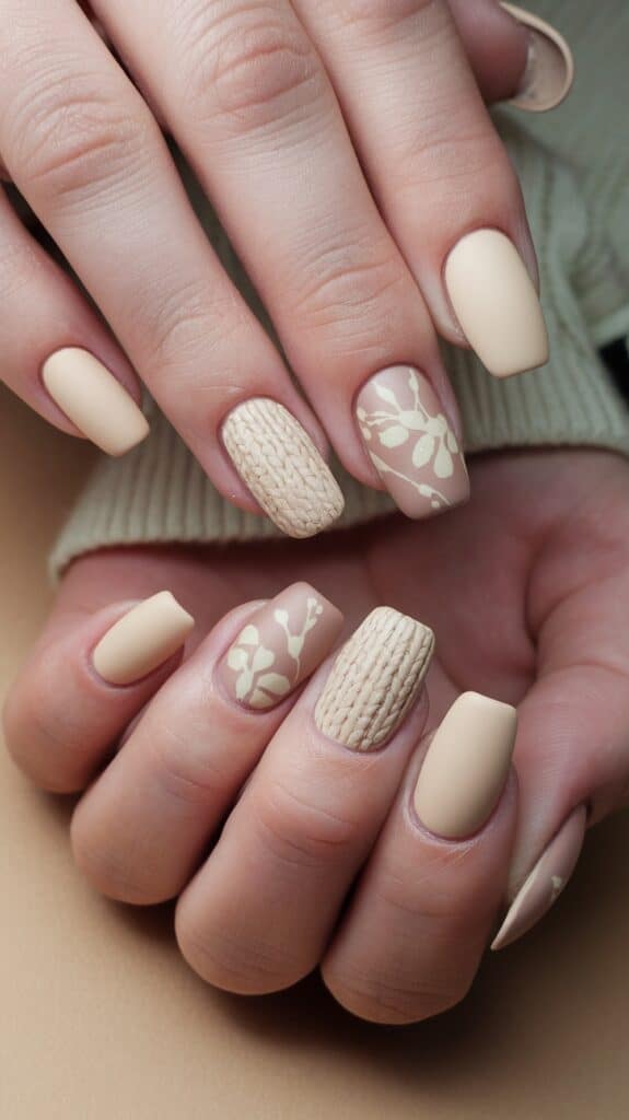 Close-up of hands with matte beige nails featuring a combination of floral patterns and textured, knitted designs.