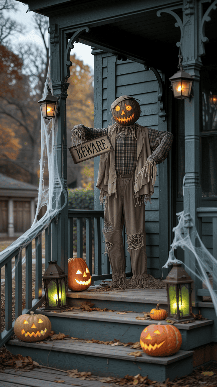 A porch decorated for Halloween with a scarecrow featuring a glowing jack-o'-lantern head and a sign reading "BEWARE." The scene includes several carved pumpkins with lights inside, lanterns, and cobwebs hanging around the porch. Autumn leaves are scattered on the steps, adding to the festive atmosphere during dusk.