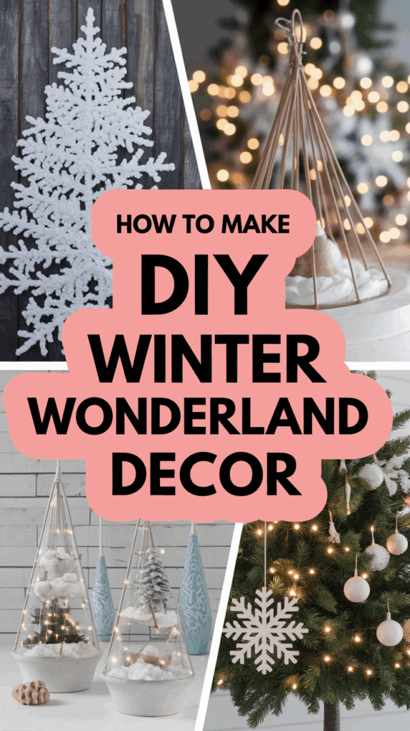Collage of winter decorations including a snowflake ornament, DIY decor crafts, and a Christmas tree with lights and ornaments; text reads 'How to Make DIY Winter Wonderland Decor.'