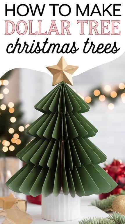 A paper Christmas tree craft tutorial is shown, featuring a folded green paper tree with a gold star on top, displayed on a white base. Surrounding decorations include blurred lights and red ornaments.