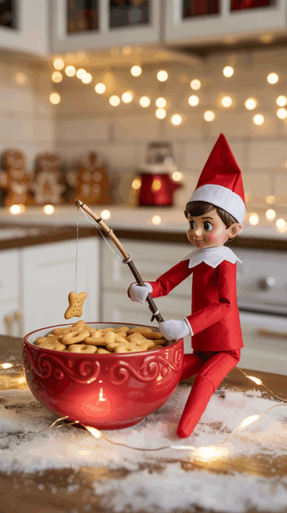 A toy elf dressed in a red outfit sits on a kitchen counter, holding a fishing rod over a red bowl filled with cookies, while Christmas lights softly illuminate the background.