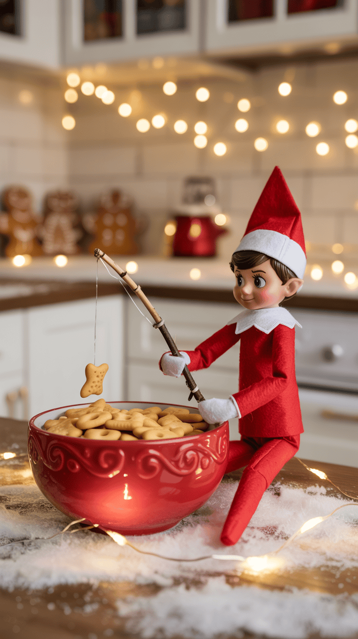 A toy elf dressed in a red outfit sits on a kitchen counter, holding a fishing rod over a red bowl filled with cookies, while Christmas lights softly illuminate the background.