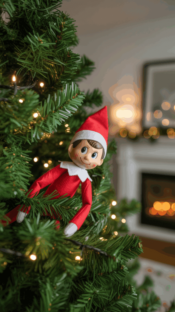 An Elf on the Shelf doll is nestled among the branches of a decorated Christmas tree, with glowing lights visible in the background.