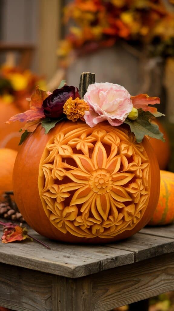 A carved pumpkin featuring an intricate floral design, adorned with artificial flowers and leaves on top, sitting on a wooden table.