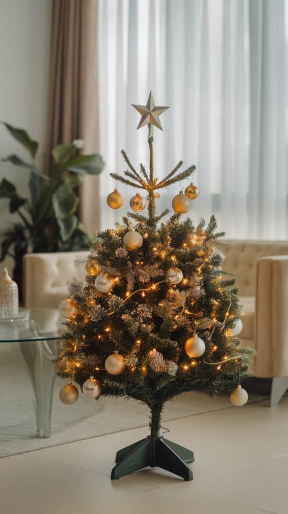 A small Christmas tree decorated with gold and silver baubles, warm white string lights, and topped with a star, set in a living room with a glass coffee table and a plant in the background.
