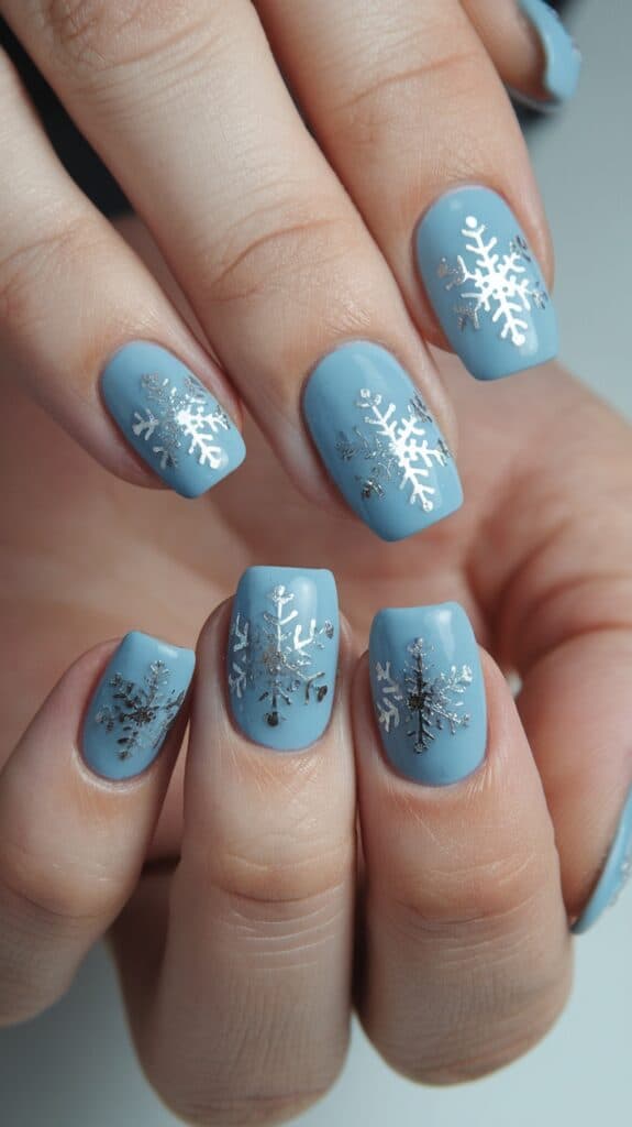 Close-up of manicured hands featuring blue nail polish with silver snowflake designs.