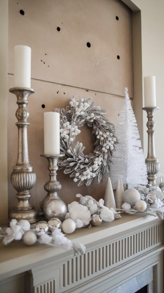 A festive mantelpiece decorated with tall silver candle holders, white candles, a snowy wreath, a white decorative tree, and silver ornaments placed on a bed of faux snow.