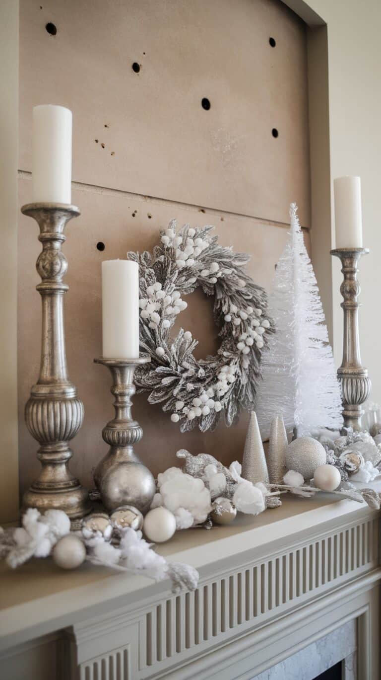 A festive mantelpiece decorated with tall silver candle holders, white candles, a snowy wreath, a white decorative tree, and silver ornaments placed on a bed of faux snow.
