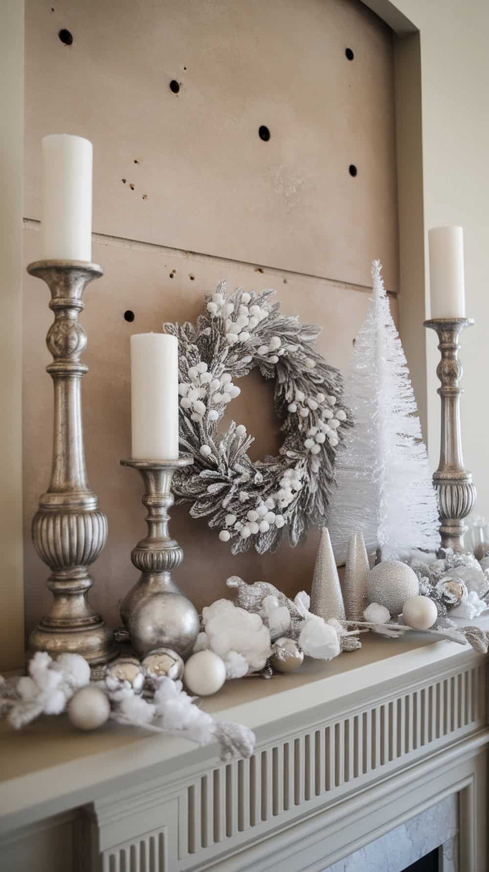 A festive mantelpiece decorated with tall silver candle holders, white candles, a snowy wreath, a white decorative tree, and silver ornaments placed on a bed of faux snow.