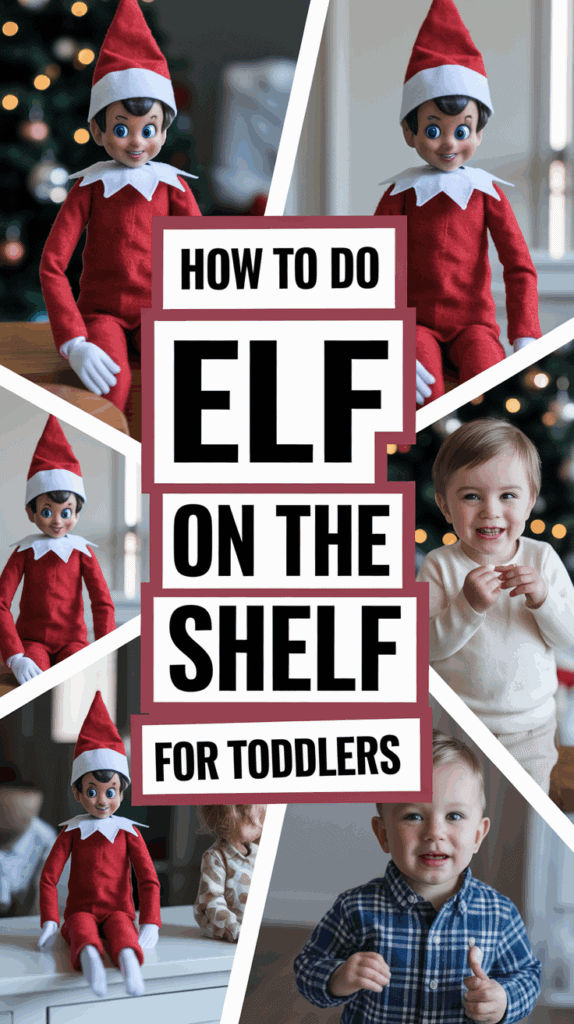 Collage of multiple Elf on the Shelf figures in various poses and two smiling toddlers, with text overlay saying "How to Do Elf on the Shelf for Toddlers."