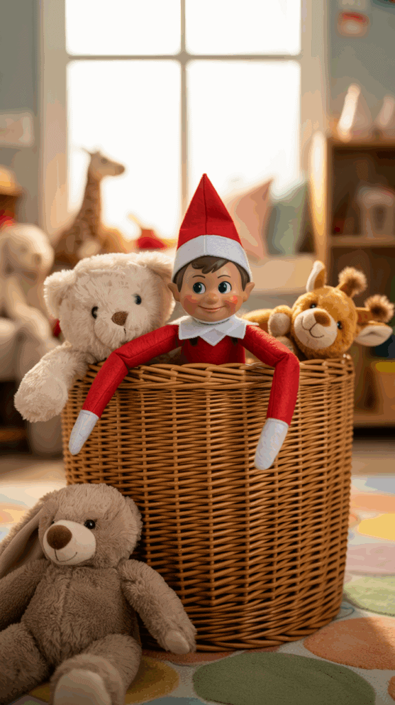 A toy elf in a red suit and hat peeking out of a wicker basket surrounded by plush toys, including a white teddy bear, a brown bunny, and a giraffe, in a cozy playroom setting.