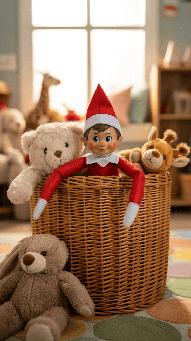 A toy elf in a red suit and hat peeking out of a wicker basket surrounded by plush toys, including a white teddy bear, a brown bunny, and a giraffe, in a cozy playroom setting.