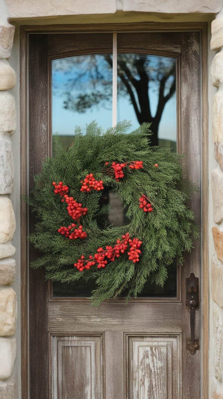 A rustic wooden door is adorned with a large green wreath featuring clusters of bright red berries, set against a backdrop of stones.