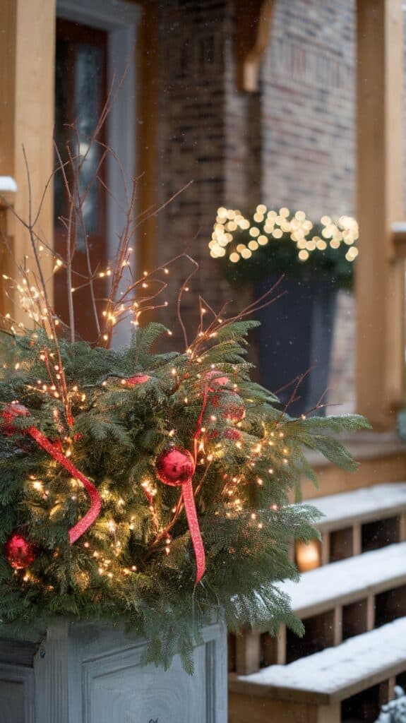 A festive holiday planter decorated with evergreen branches, red ornaments, and lights sits on a snowy porch next to a brick wall.