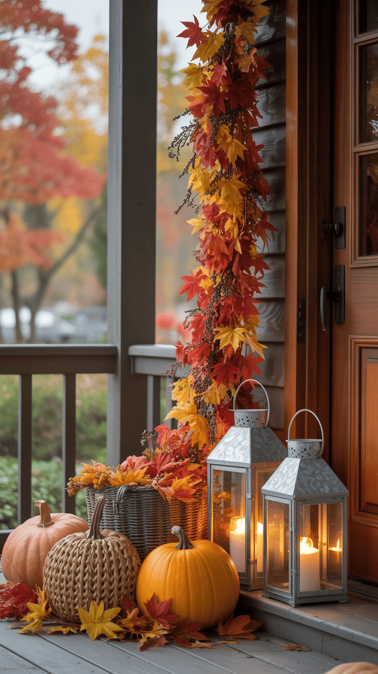 A cozy autumn porch decorated with pumpkins, a variety of colored leaves, woven baskets, and lit lanterns, creating a warm and welcoming atmosphere.