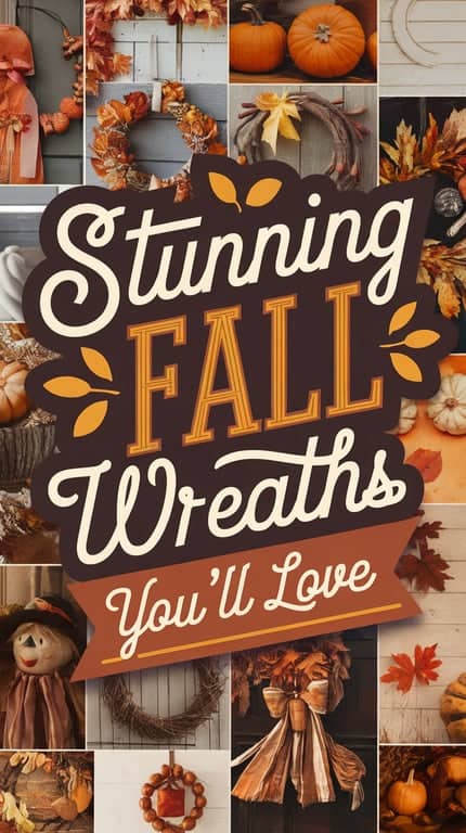 Collage of autumn wreaths surrounded by a text saying 'Stunning Fall Wreaths You'll Love,' featuring vibrant fall colors, pumpkins, leaves, and rustic designs.