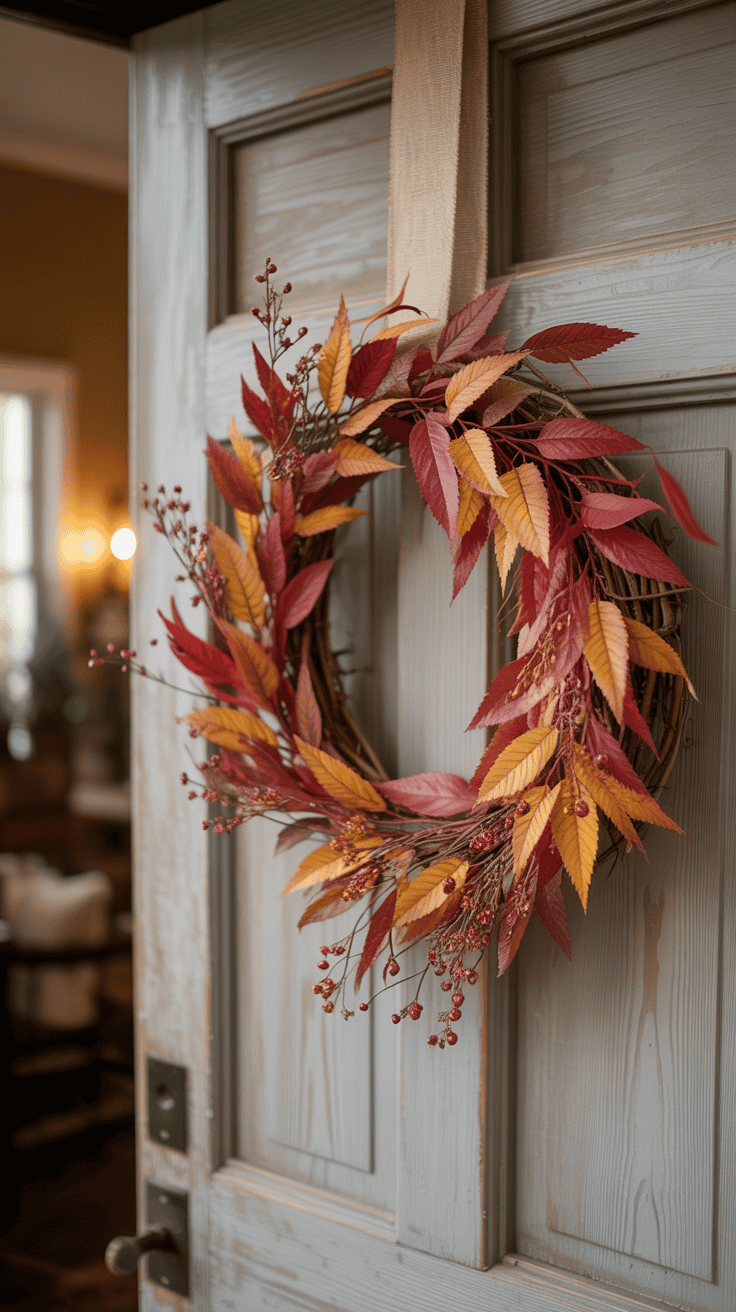 A wreath made of red and yellow autumn leaves and small berries hangs on a light-colored wooden door, capturing a festive, seasonal decor theme.