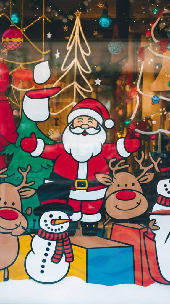 A festive holiday window display featuring cartoon illustrations of Santa Claus, reindeer, a snowman, and Christmas decorations such as ornaments and a stylized Christmas tree outlined in lights.