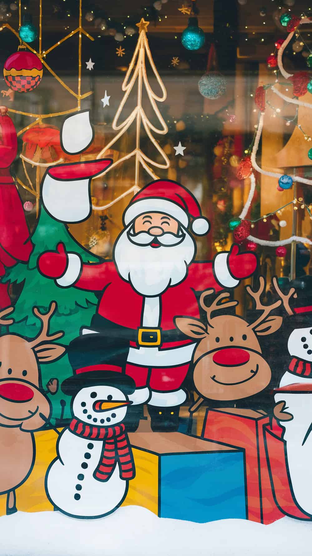 A festive holiday window display featuring cartoon illustrations of Santa Claus, reindeer, a snowman, and Christmas decorations such as ornaments and a stylized Christmas tree outlined in lights.