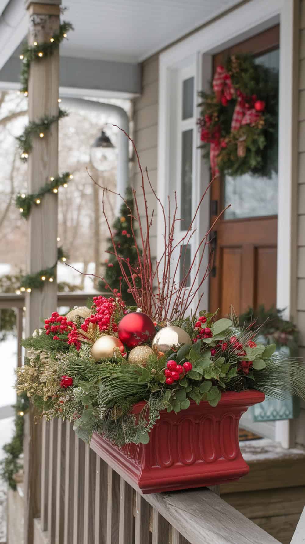 A red planter box on a porch railing is decorated with greenery, red berries, and gold and red ornaments. A wreath hangs on the front door in the background, accompanied by a string of lights wrapped around the porch post.