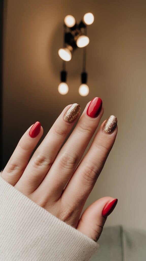 A hand with manicured nails, featuring red polish on the thumb, index, and little fingers, and gold glitter polish on the middle and ring fingers, set against a blurred background with soft lighting.