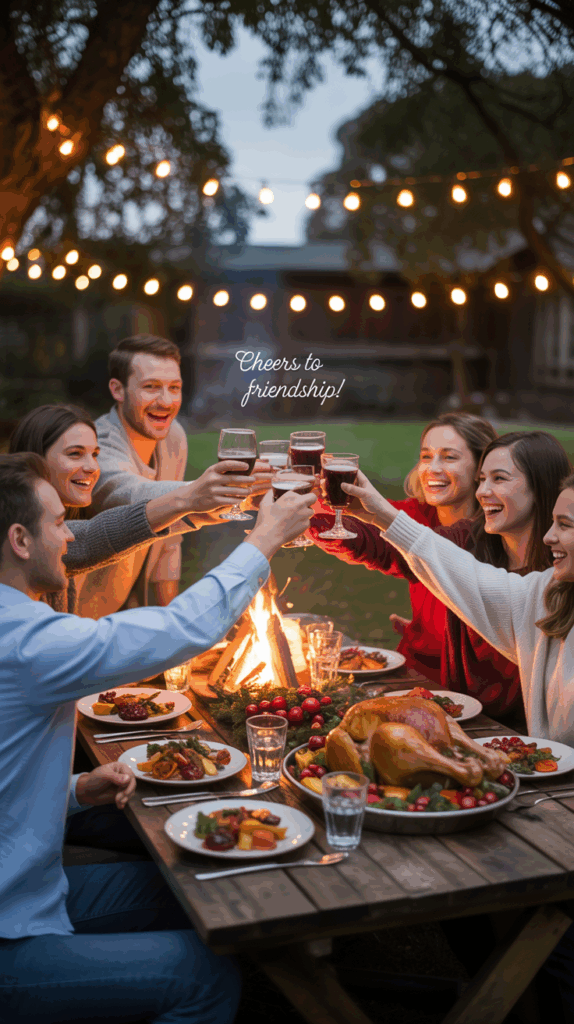 A group of six friends clink glasses over a festive outdoor dinner table adorned with a roasted turkey and various side dishes. They are gathered around a crackling fire pit, with string lights hanging overhead, creating a warm and inviting atmosphere. The text 'Cheers to friendship!' is visible above them.
