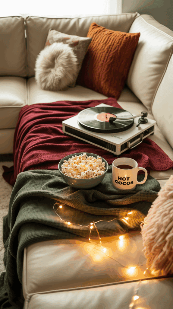 A cozy living room scene with a beige corner sofa, adorned with plush, orange and patterned pillows. A record player sits on a burgundy blanket, spinning a vinyl record. Nearby, there's a bowl of popcorn and a mug labeled 'Hot Cocoa' resting on a green blanket. Decorative string lights add a warm glow to the setting.