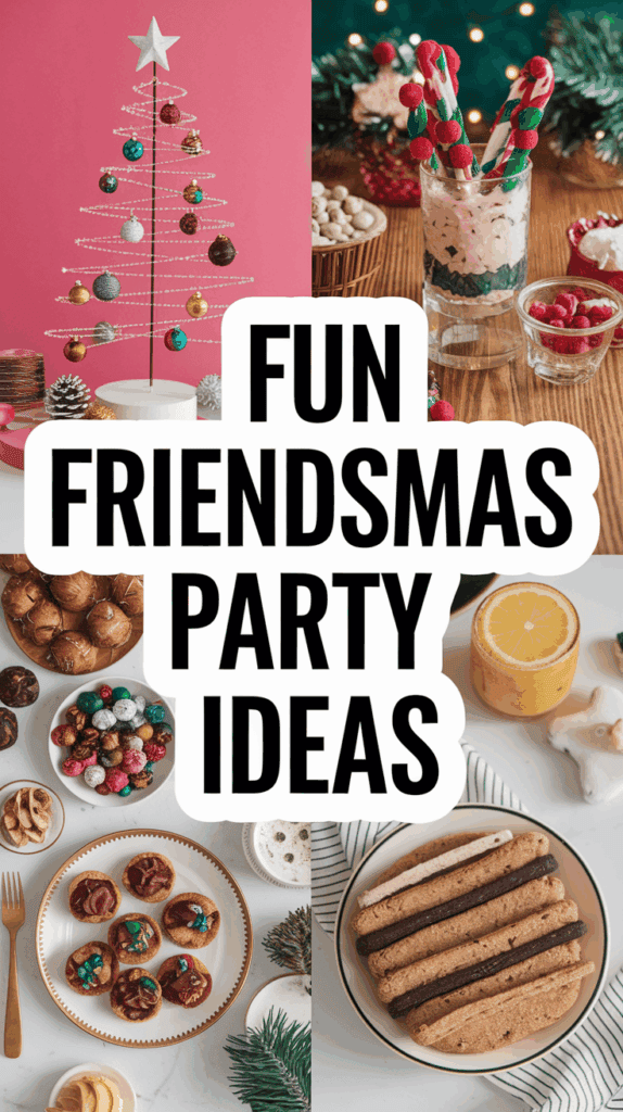 A collage of festive Friendsmas party ideas, featuring a mini Christmas tree with colorful ornaments, holiday-themed snacks and drinks, and a plate of assorted cookies and treats.