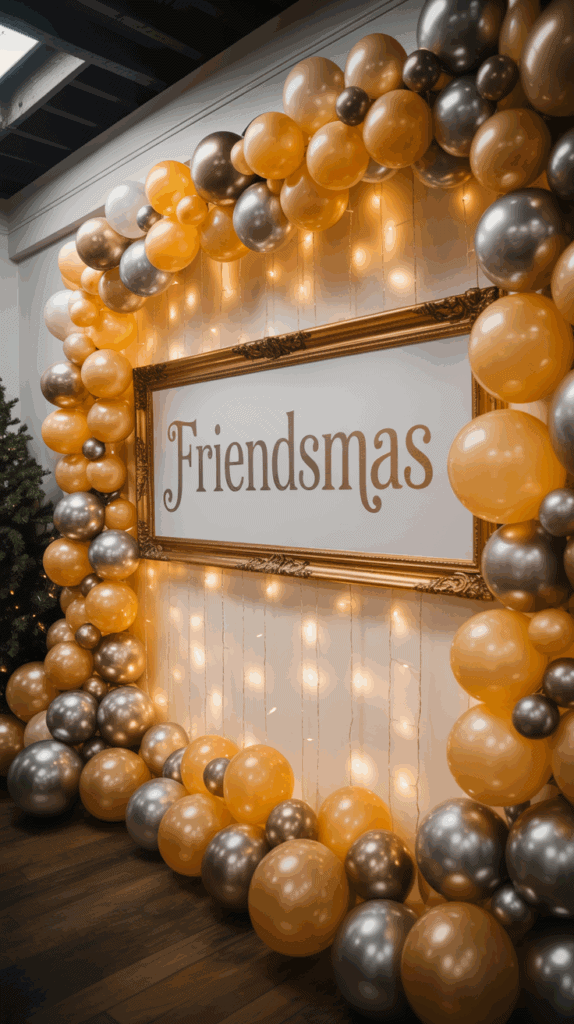 A festive balloon arch in gold, silver, and white surrounds a framed sign reading 'Friendsmas,' with string lights adding a warm glow.