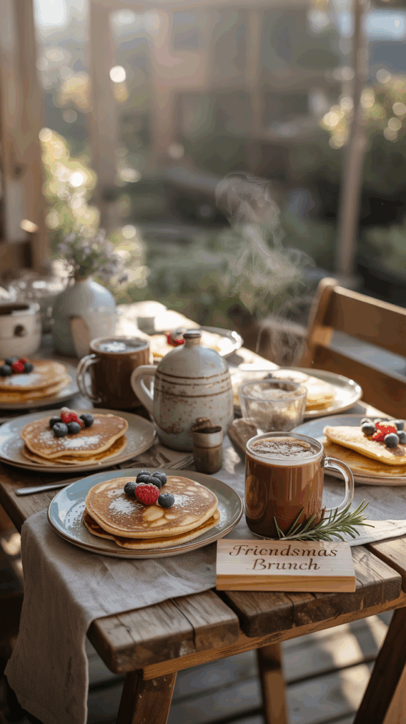 A table set for brunch with stacks of pancakes topped with berries, mugs of hot chocolate, and a teapot, labeled with a small sign reading "Friendsmas Brunch" in a cozy setting.