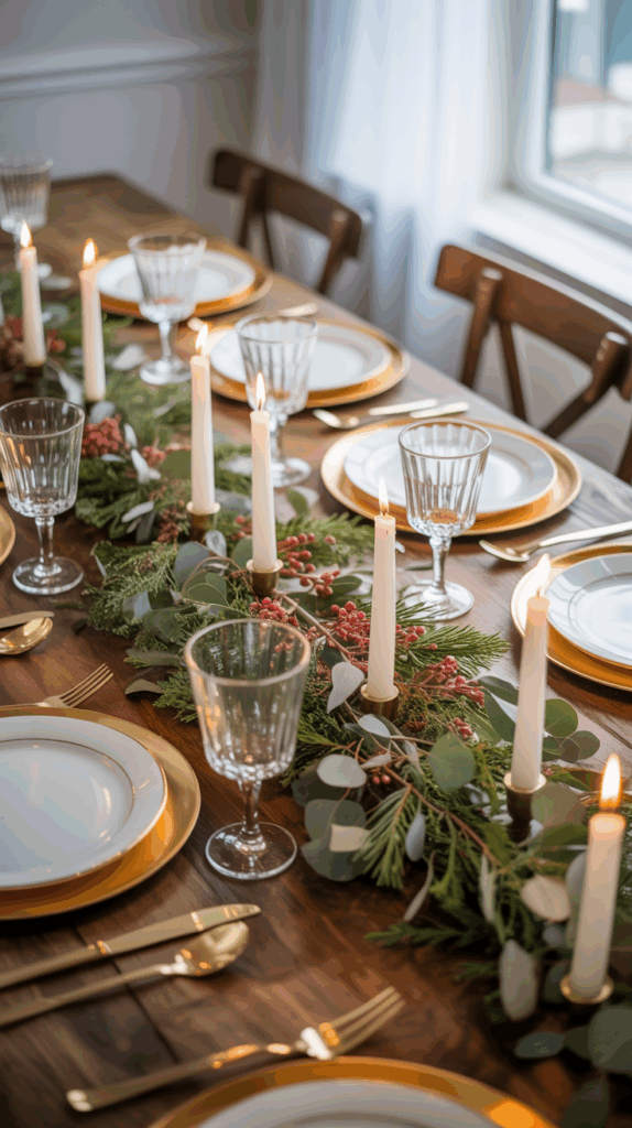 A dining table elegantly set with white plates on gold chargers, surrounded by gold utensils and crystal glassware. The table is decorated with a festive centerpiece featuring greenery, red berries, and tall white candles.