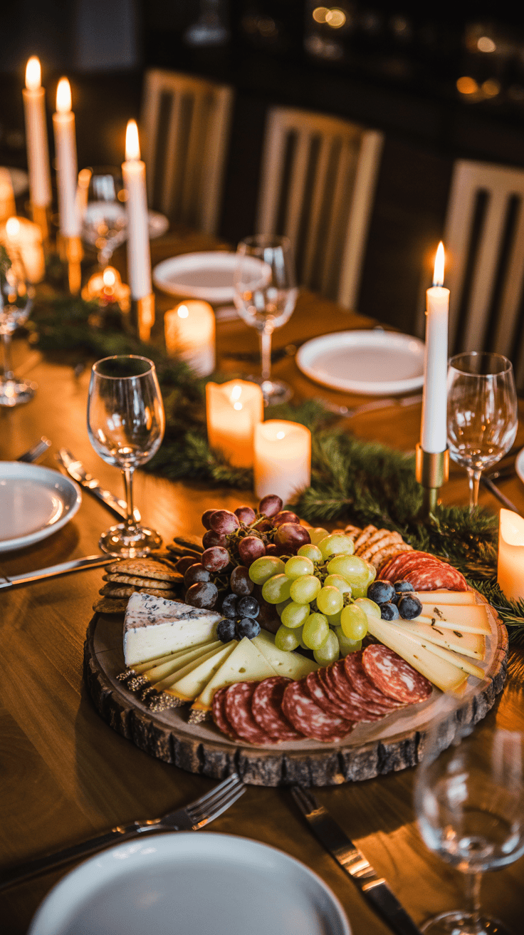 A festive dining table setting featuring a wooden platter with assorted cheeses, grapes, and cured meats surrounded by lit candles and greenery.