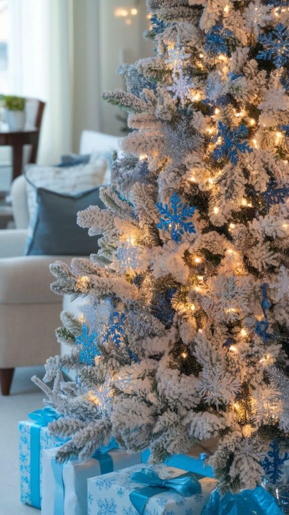 A Christmas tree covered in artificial snow and blue snowflake decorations, illuminated by warm lights, with wrapped gifts in blue and white wrapping paper at the base.