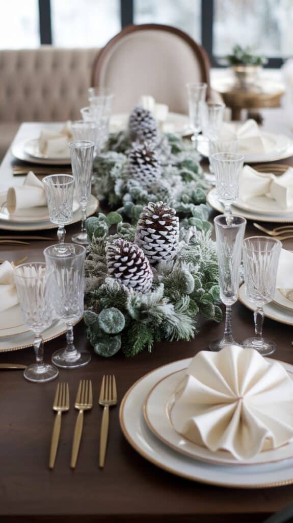 A festive holiday dining table set with elegant dishware, gold flatware, crystal glasses, and a centerpiece of frosted pine cones and greenery.